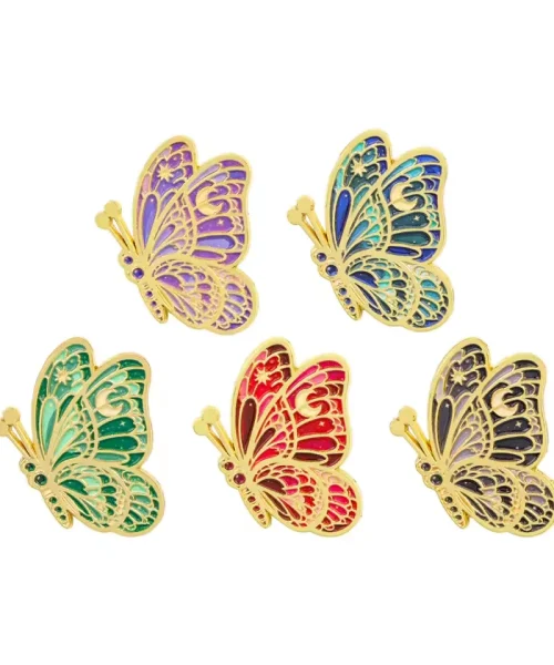 Lot de 5 pin's papillon lune en émail violet, bleu, vert, rouge et noir