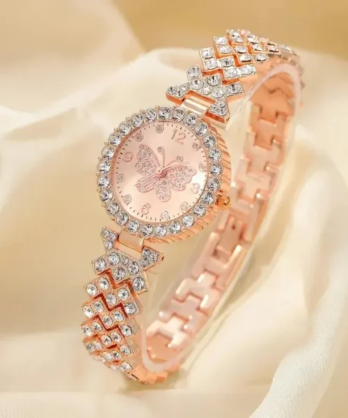 Montre papillon femme pavée de strass, cadran à papillon serti, or rose