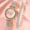 Montre et bracelet papillon femme pavés de strass, finition or rose