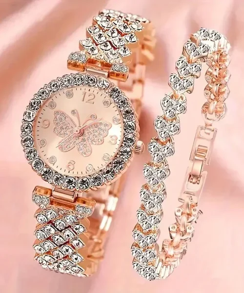 Montre et bracelet papillon femme pavés de strass, finition or rose