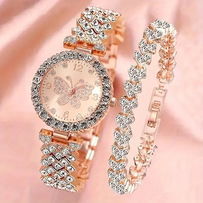 Montre et bracelet papillon femme pavés de strass, finition or rose