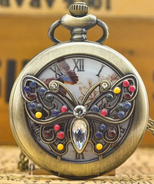 Montre de poche papillon bronze, cadran à chiffres romains sous couvercle ajouré