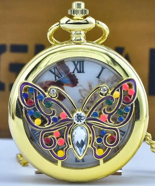Montre de poche papillon dorée, cadran à chiffres romains sous couvercle ajouré