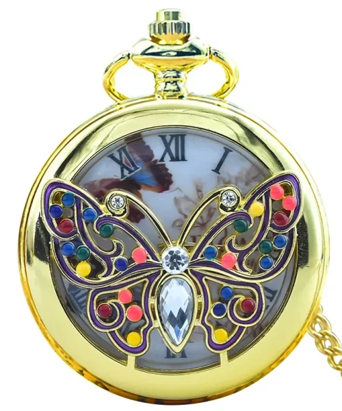Montre gousset papillon dorée, couvercle papillon ajouré serti de perles et cristaux
