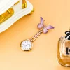 Montre d'infirmière papillon en émail 3D à broche, chaîne dorée, violet