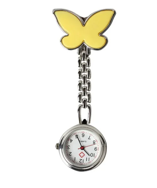Montre d'infirmière papillon à broche clip, cadran lisible, jaune