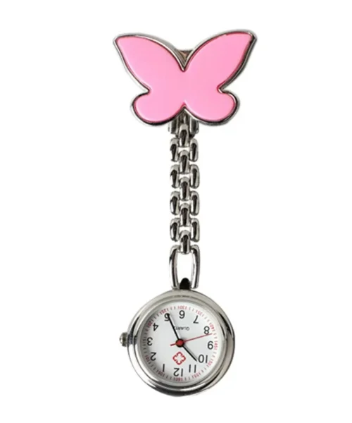 Montre d'infirmière papillon à broche clip, cadran lisible, rose