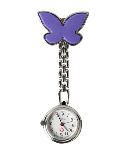 Montre d'infirmière papillon à broche clip, cadran lisible, violet