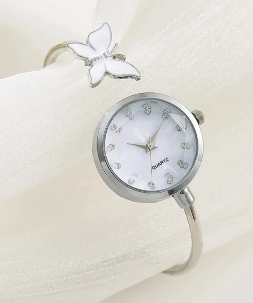 Montre jonc papillon femme finition argentée, cadran nacré et papillon blanc
