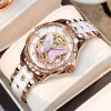 Montre papillon automatique femme, cadran squelette à papillon nacré et bracelet or rose et céramique