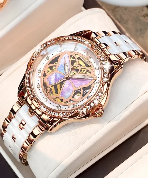 Montre papillon automatique femme, cadran squelette à papillon nacré et bracelet or rose et céramique