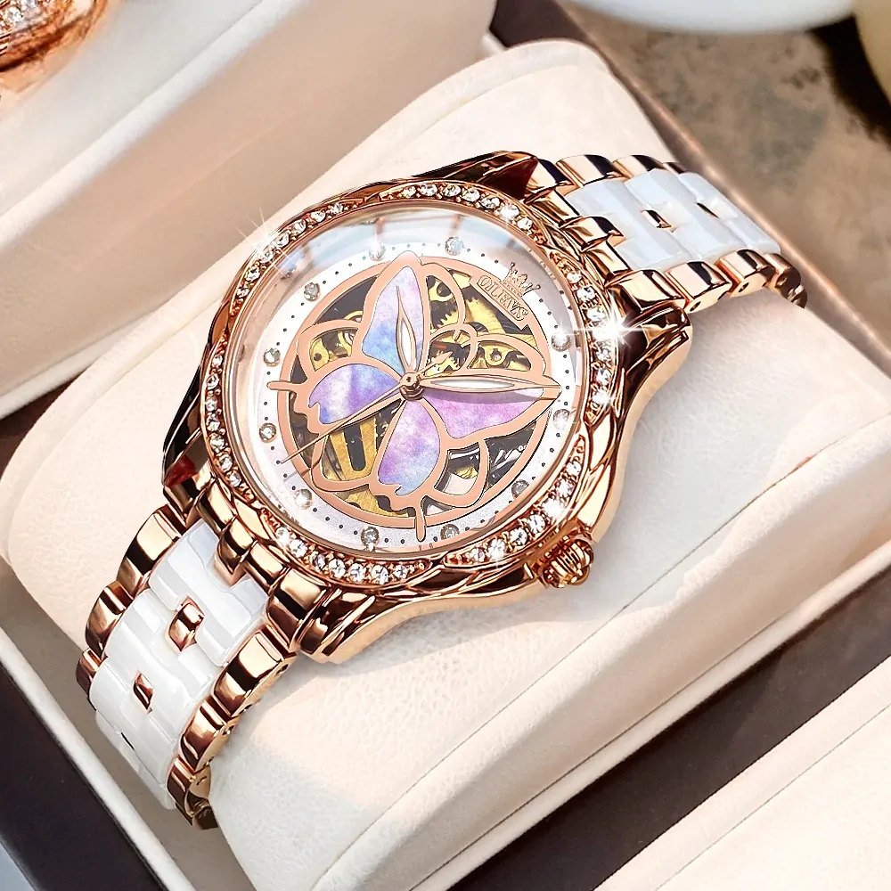 Montre papillon automatique femme, cadran squelette à papillon nacré et bracelet or rose et céramique