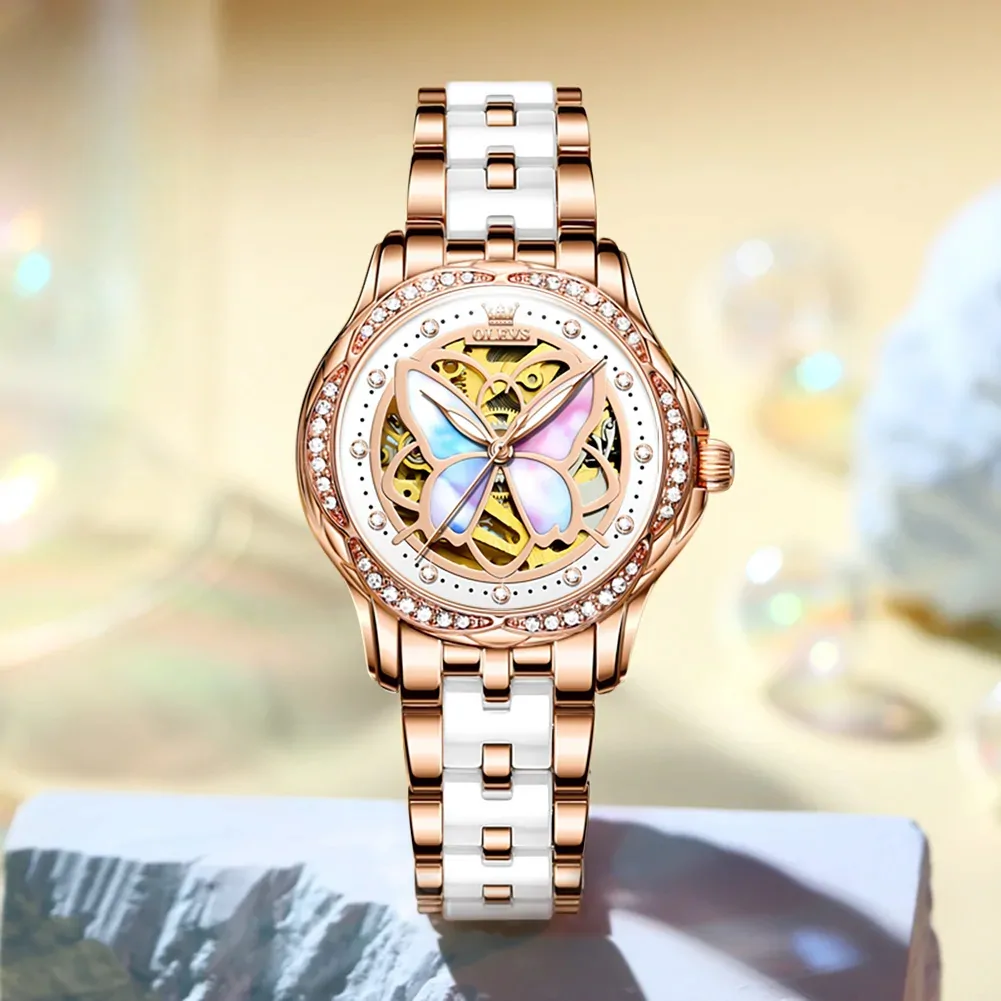 Montre papillon automatique femme, cadran squelette à papillon nacré et bracelet or rose et céramique