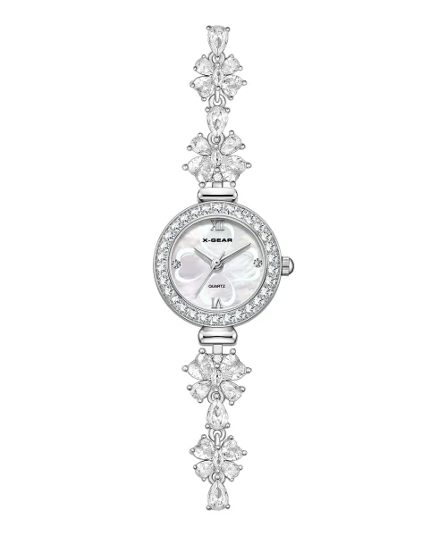 Montre papillon bijou femme, bracelet en cristaux et cadran nacré blanc