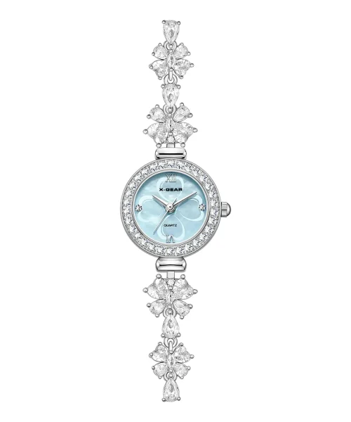 Montre papillon bijou femme, bracelet en cristaux et cadran nacré bleu