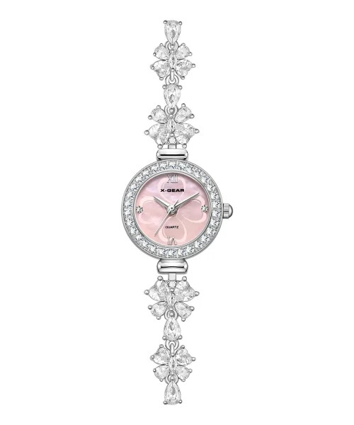 Montre papillon bijou femme, bracelet en cristaux et cadran nacré rose