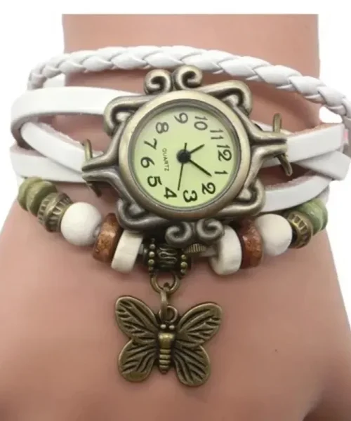 Montre papillon bohème femme, bracelet cuir tressé blanc et breloque papillon bronze