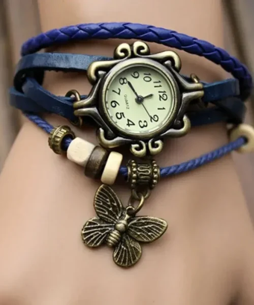 Montre papillon bohème femme, bracelet cuir tressé bleu et breloque papillon bronze