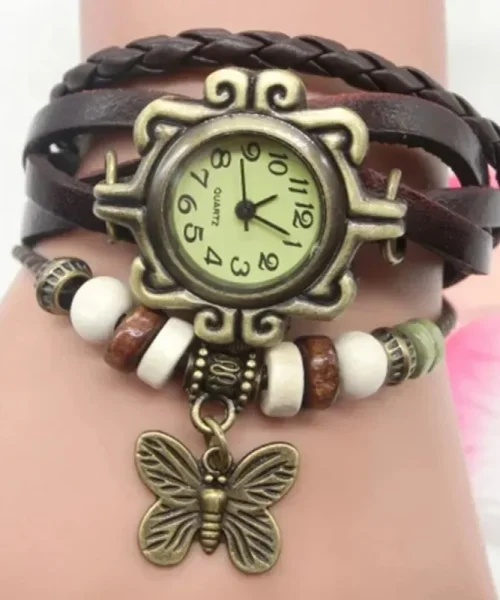 Montre papillon bohème femme, bracelet cuir tressé cafe et breloque papillon bronze
