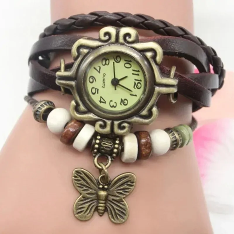 Montre papillon bohème femme, bracelet cuir tressé cafe et breloque papillon bronze