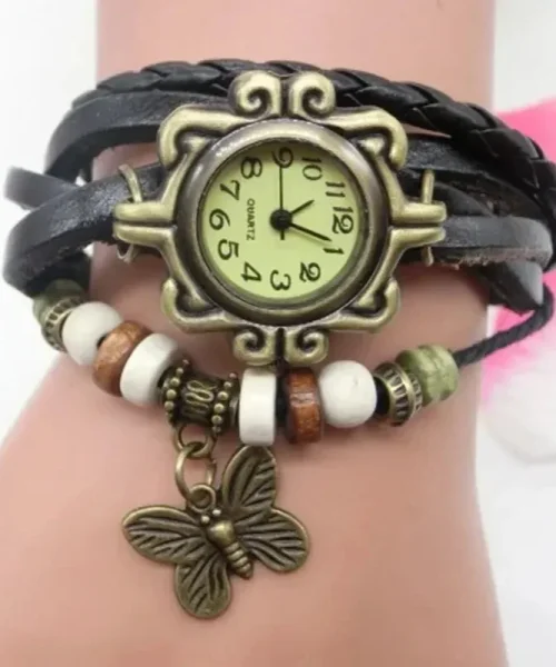 Montre papillon bohème femme, bracelet cuir tressé noir et breloque papillon bronze
