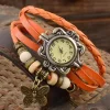 Montre papillon bohème femme, bracelet cuir tressé orange et breloque papillon bronze