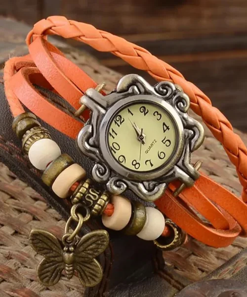 Montre papillon bohème femme, bracelet cuir tressé orange et breloque papillon bronze