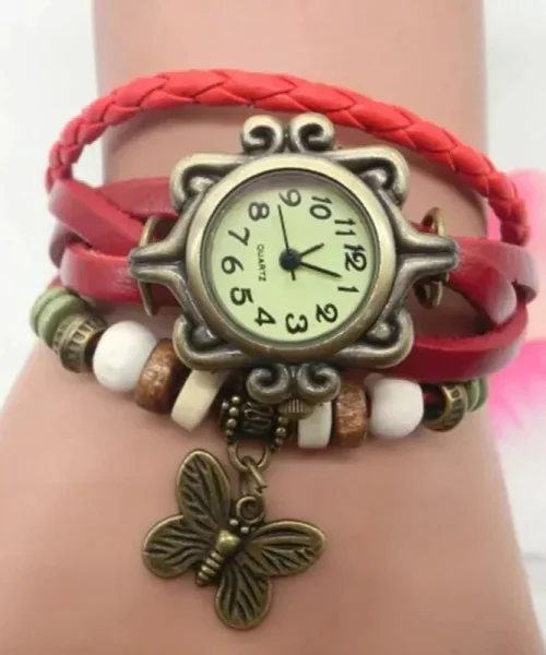 Montre papillon bohème femme, bracelet cuir tressé rouge et breloque papillon bronze