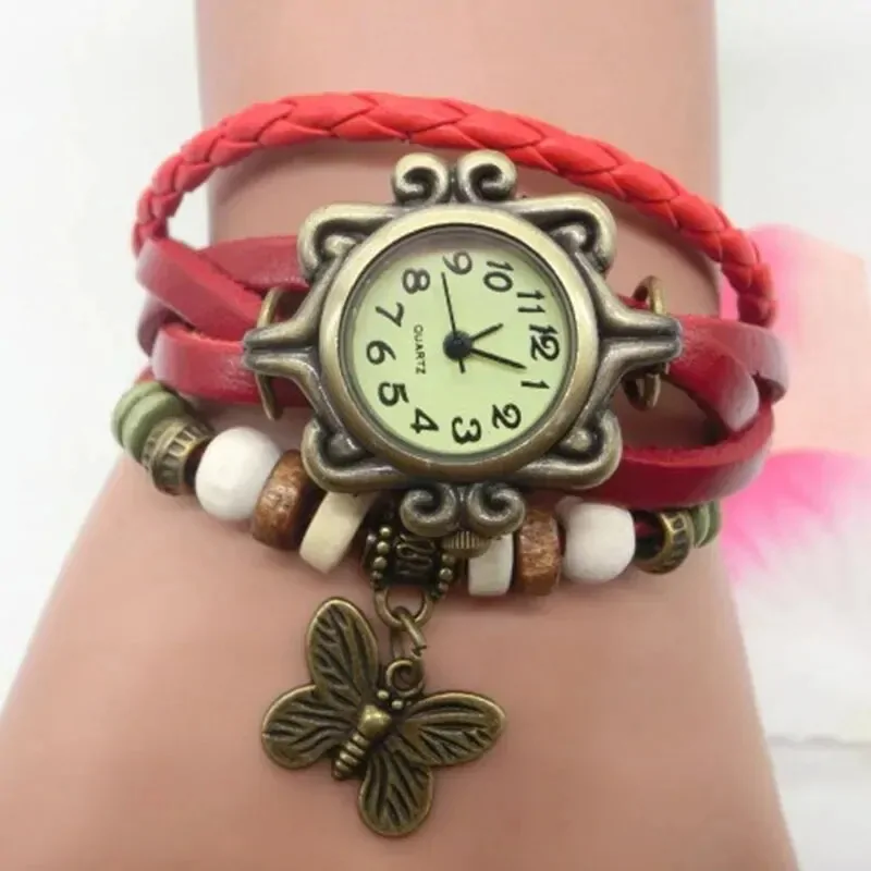 Montre papillon bohème femme, bracelet cuir tressé rouge et breloque papillon bronze