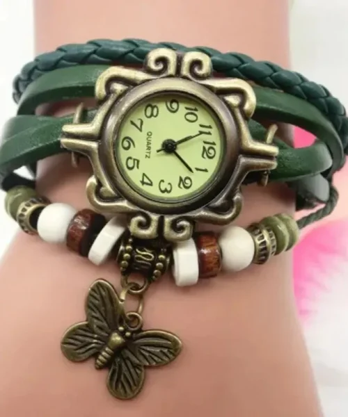 Montre papillon bohème femme, bracelet cuir tressé vert et breloque papillon bronze