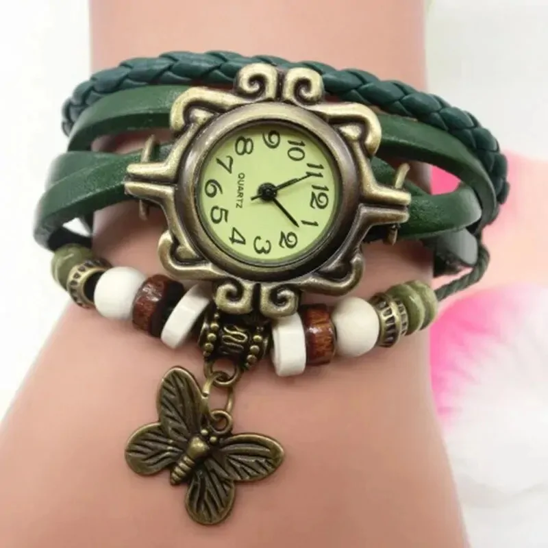 Montre papillon bohème femme, bracelet cuir tressé vert et breloque papillon bronze