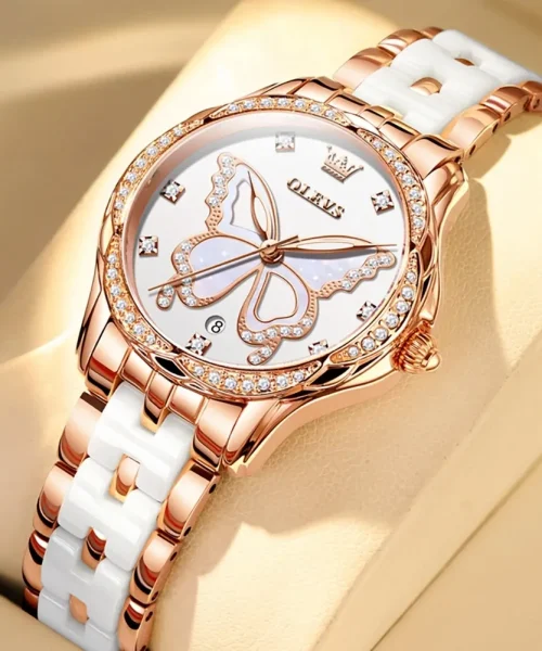 Montre papillon en céramique femme, bracelet céramique et or rose, cadran blanc à papillon nacré