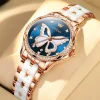 Montre papillon en céramique femme, bracelet céramique et or rose, cadran bleu à papillon nacré