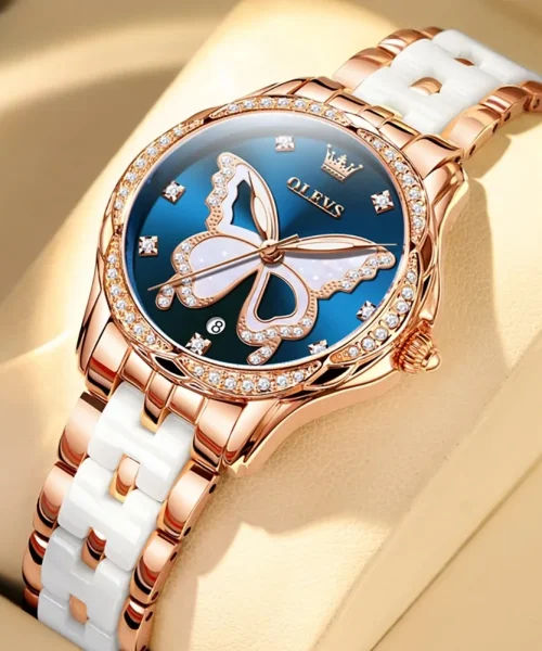 Montre papillon en céramique femme, bracelet céramique et or rose, cadran bleu à papillon nacré