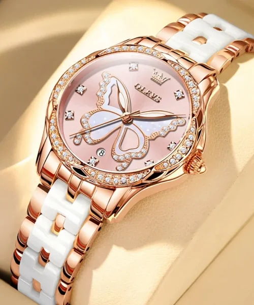 Montre papillon en céramique femme, bracelet céramique et or rose, cadran rose à papillon nacré