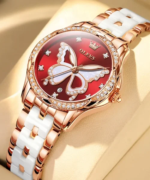 Montre papillon en céramique femme, bracelet céramique et or rose, cadran rouge à papillon nacré