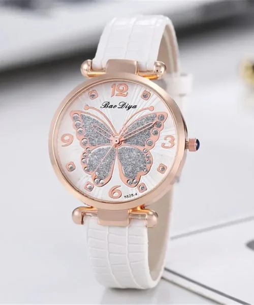 Montre papillon en cuir femme, bracelet blanc et cadran à motif papillon