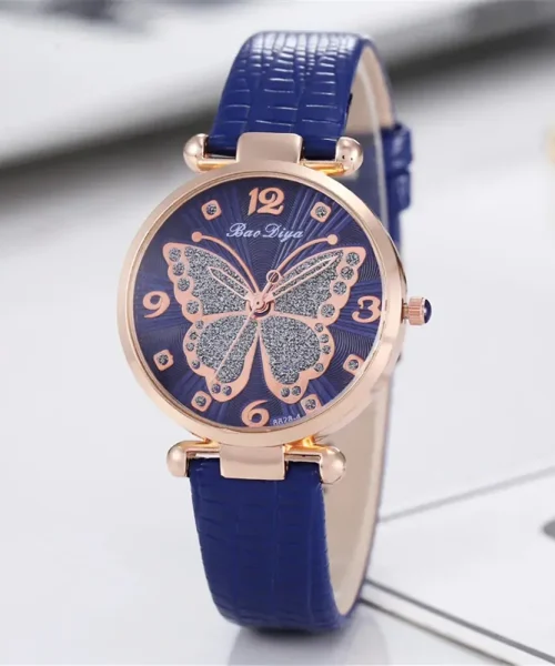 Montre papillon en cuir femme, bracelet bleu et cadran à motif papillon