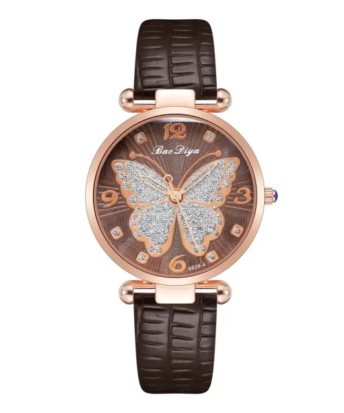 Montre papillon en cuir femme, bracelet marron et cadran à motif papillon