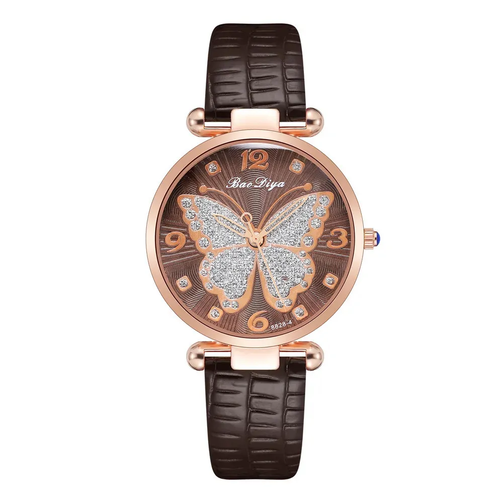 Montre papillon en cuir femme, bracelet marron et cadran à motif papillon