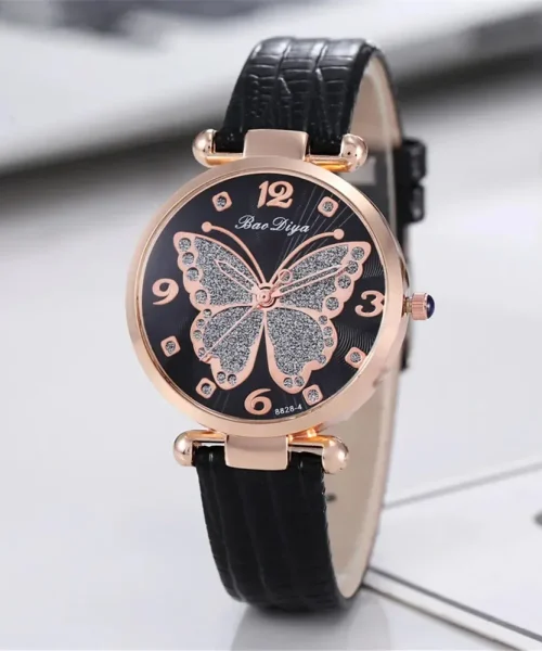 Montre papillon en cuir femme, bracelet noir et cadran à motif papillon