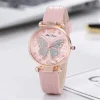 Montre papillon en cuir femme, bracelet rose et cadran à motif papillon