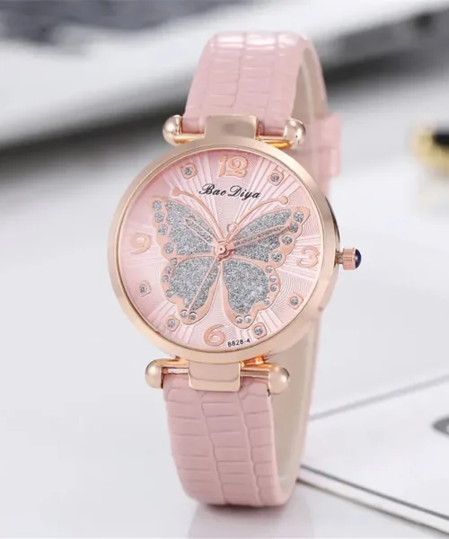 Montre papillon en cuir femme, bracelet rose et cadran à motif papillon