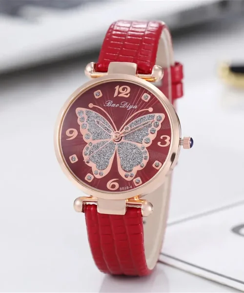 Montre papillon en cuir femme, bracelet rouge et cadran à motif papillon
