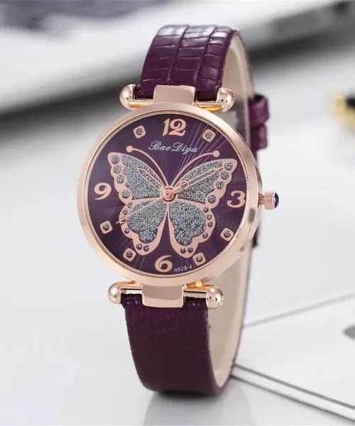 Montre papillon en cuir femme, bracelet violet et cadran à motif papillon