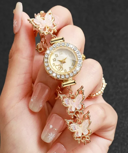 Montre papillon femme dorée à strass, bracelet à papillons blancs irisés