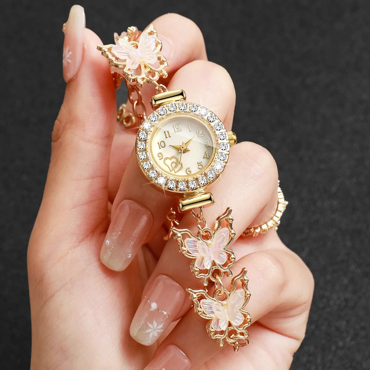 Montre papillon femme dorée à strass, bracelet à papillons blancs irisés