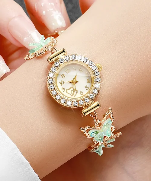 Montre papillon femme à strass, bracelet à papillons verts irisés