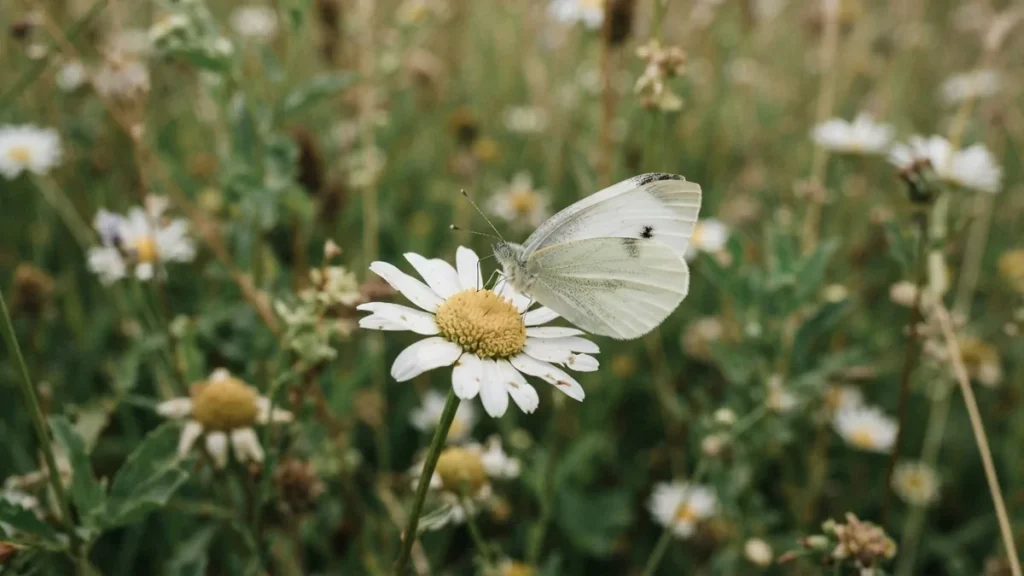 Papillon blanc posé sur une marguerite dans une prairie, symbole de paix et de renouveau