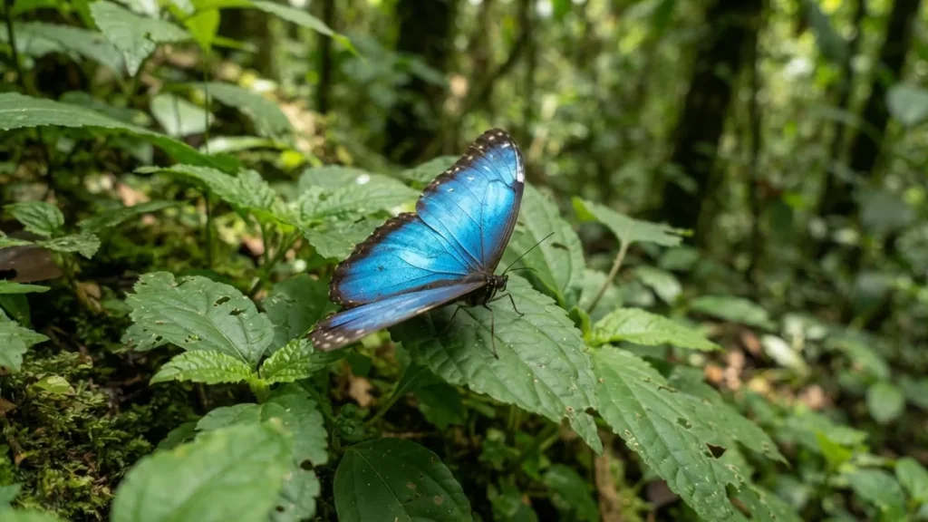Papillon bleu Morpho aux ailes iridescentes en forêt, symbole de chance et de sérénité
